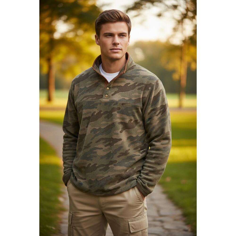 JACHS New York Camo Fleece Pullover Snap Button Mock Neck Outdoor Jacket